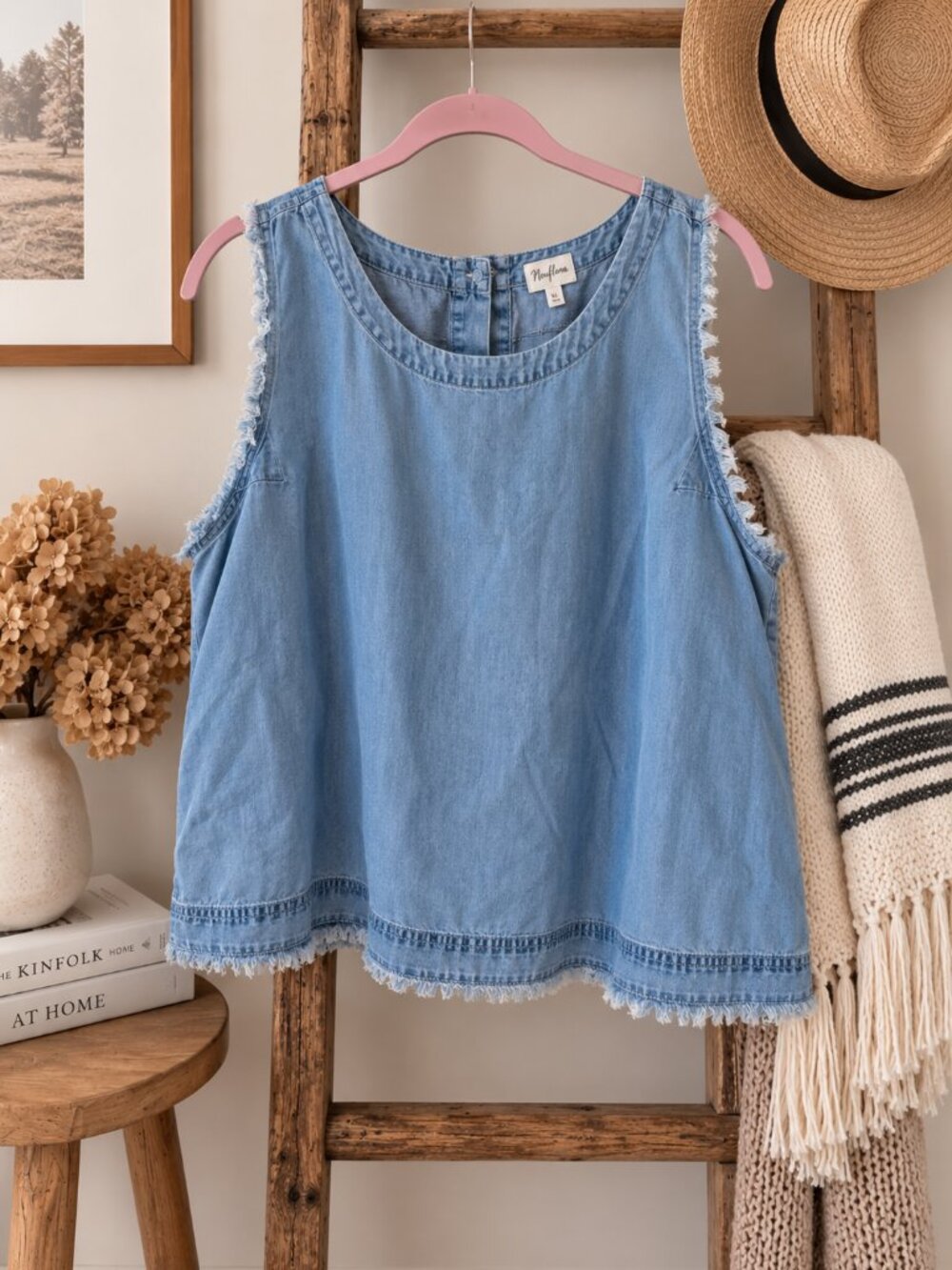 Neuflora Santa Monica Chambray Denim Tank Top XL Frayed Raw Hem Blue